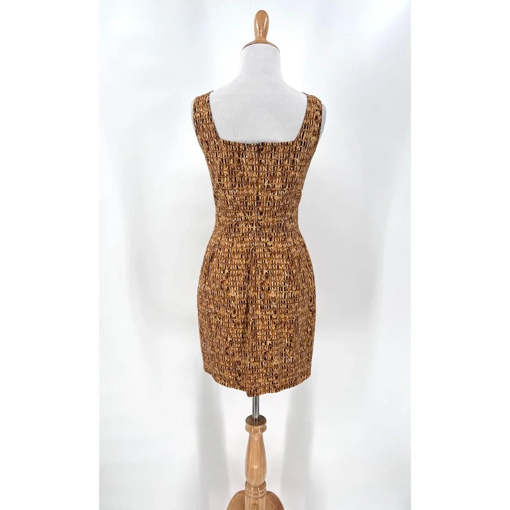 CHETTA B Vintage Dress Womens 4 Tan Brown Cotton Square Neck Sleeveless Sheath - Picture 2 of 16